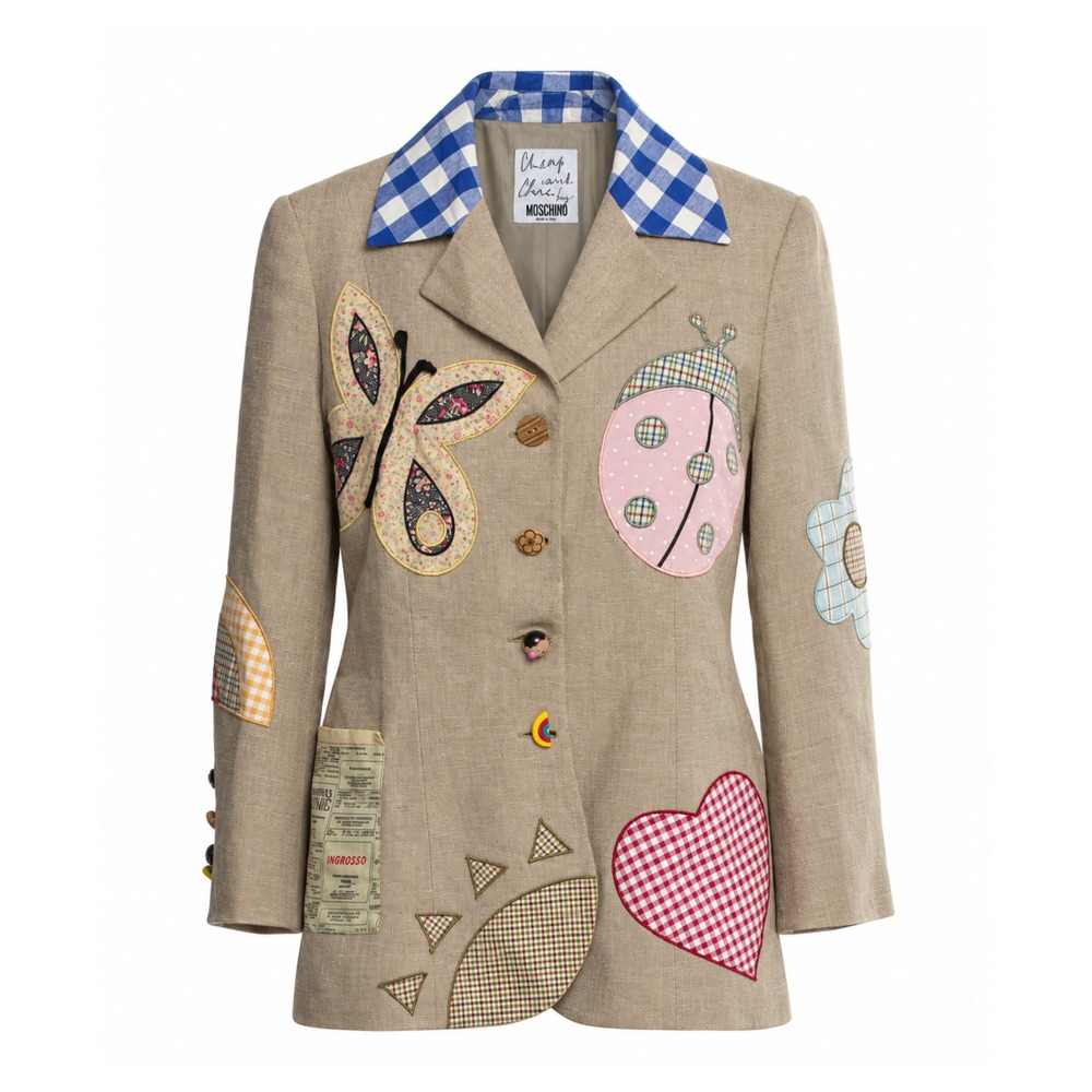 Moschino Cheap and Chic Vintage Beige Linen Blazer With Appliqué Size IT 48
